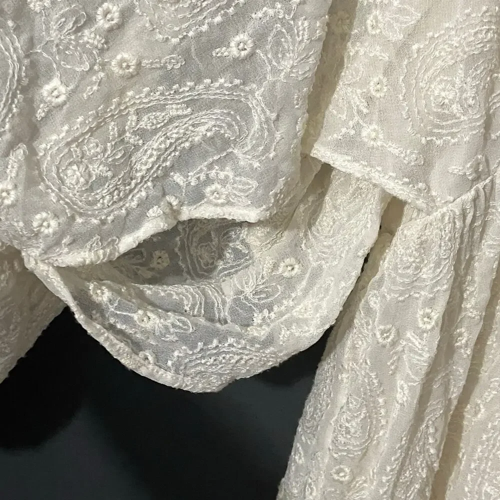 Free People Circle Of Love Embroidered MIni Dress V Neck Lace Up Back Size 12 - Picture 10 of 13